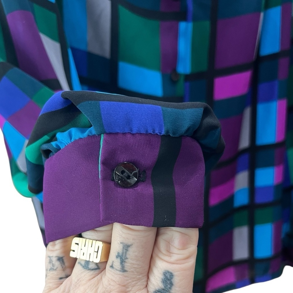 Mob wife  Blouse shirt Button Up 80s 90s sheer colorblock -10 - Picture 4 of 7
